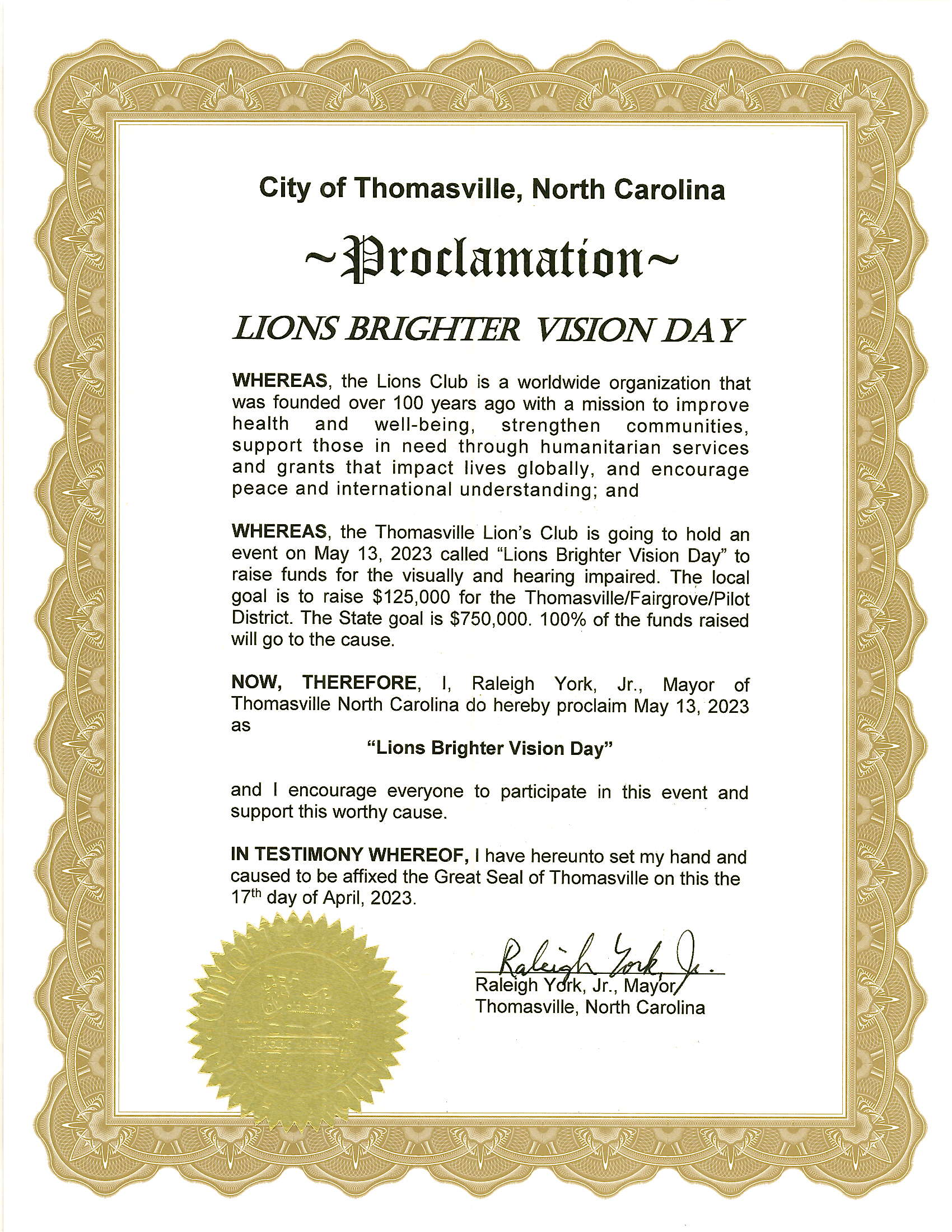 Proclamation - Lions Brighter Vision Day - May 13, 2023